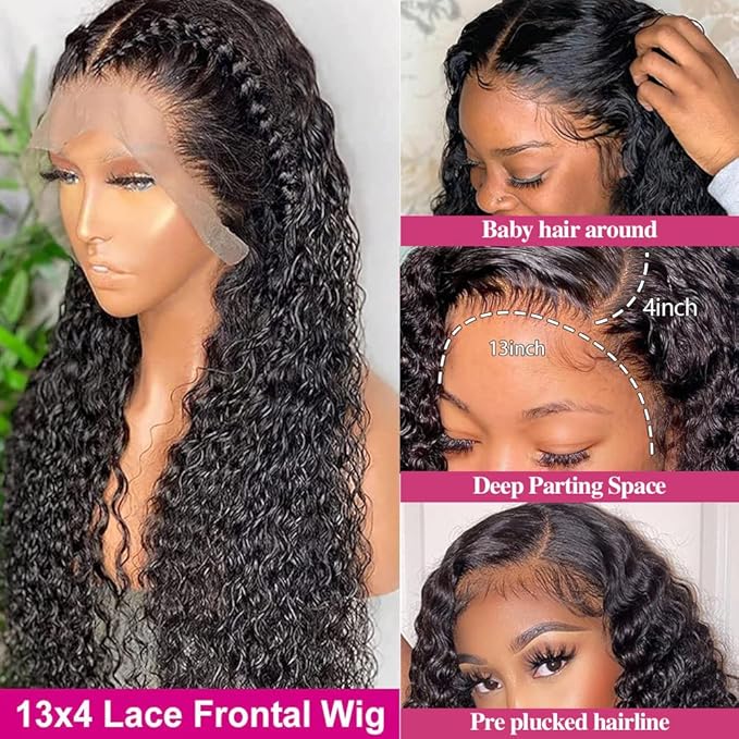 180% Density HD Transparent Deep Wave Lace Front Wigs Human Hair 13X4 Curly Wigs for Black Women Deep Wave Lace Frontal Wet and Wavy Wig Pre Plucked with Baby Hair 24 Inch Natural Black
