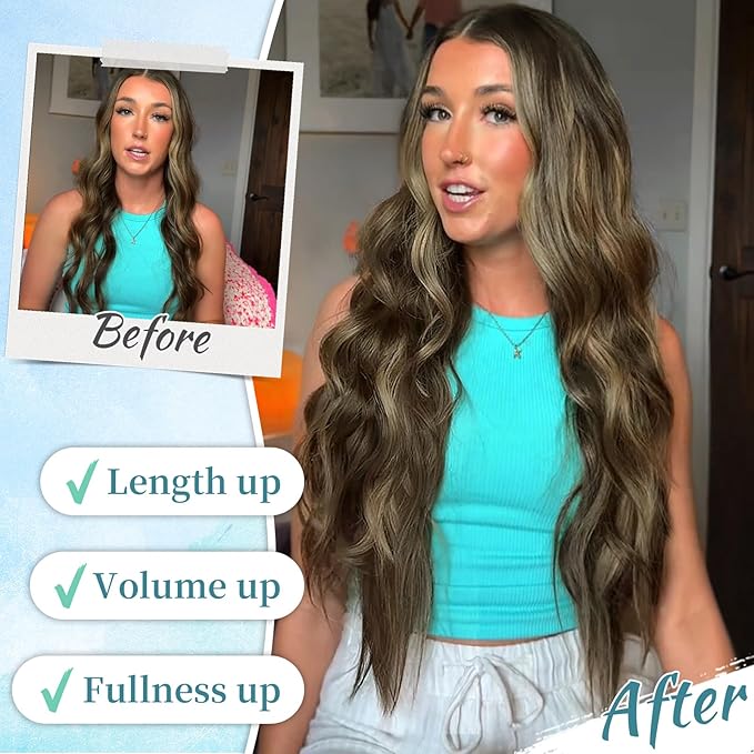 KooKaStyle Clip in Synthetic Hair Extensions Long Wavy 4PCS Thick Hairpieces Brown mix Sandy Blonde F6/18 Fiber Double Weft Natural Hair Extensions 20 Inch for Women