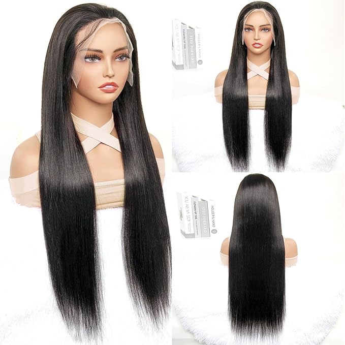 13x6 Straight Lace Front Wigs Human Hair Can Last 12 Months 230 Density Virgin Real Human Wig 13x6 HD Lace Front Wigs Human Hair Pre Plucked Tangle-Free Natural Black for Women (32Inch)