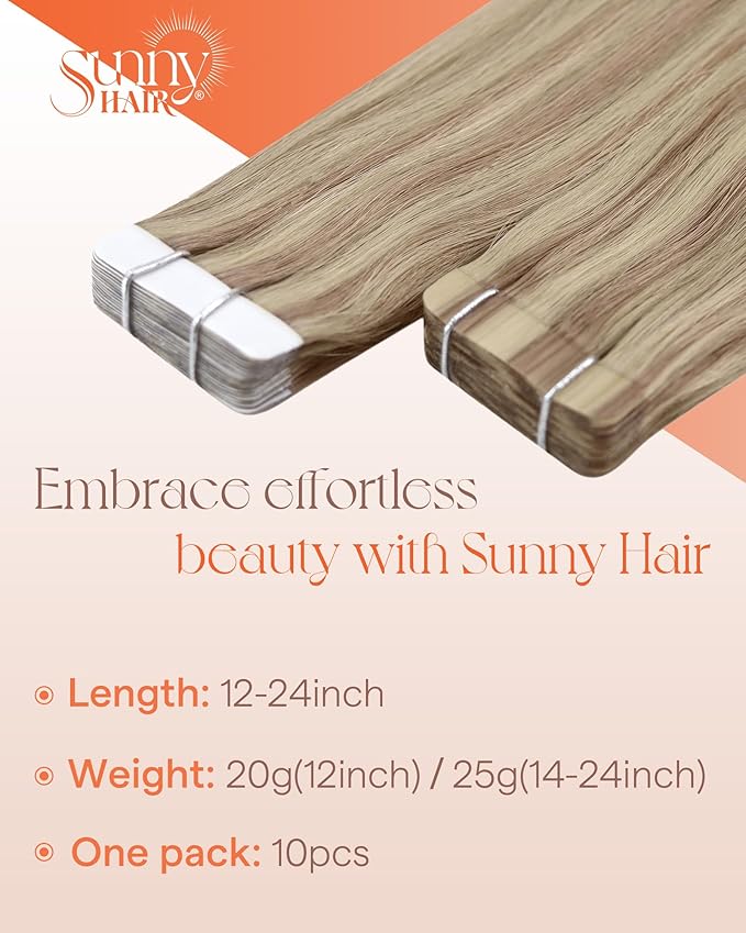 Sunny Hair Blonde Tape in Hair Extensions Human Hair Remy Hair Extensions Real Human Hair Tape in 16inch Human Hair Extensions Tape in 10Pcs 25g