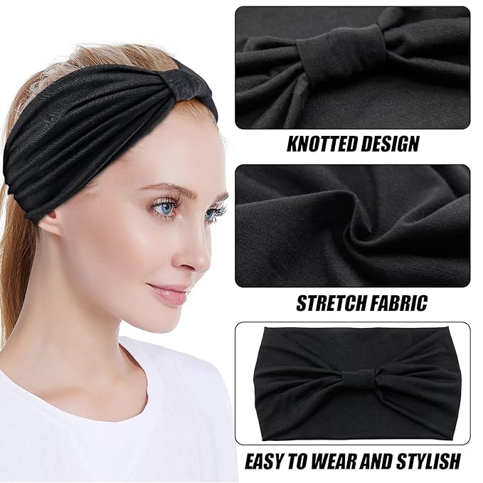 Yeshan Black Wide Headbands for Women Turban Knotted Headband for Lady Boho Thick Head Wraps Hairbands Large African Sport Yoga Head bands,Pack of 6
