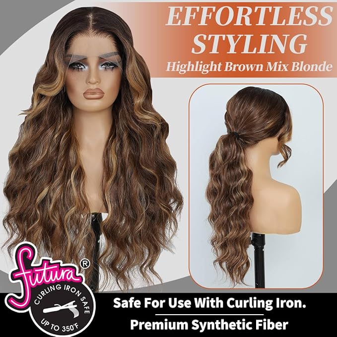 Highlight Brown Mix Blonde 13x4 Synthetic Lace Front Wigs Pre Plucked 26 Inch Long Wavy 100% Futura Premium Wigs For Black Women Ready to Wear Daily Party Use