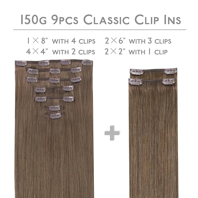 WENNALIFE Clip in Hair Extensions, 150g 20 Inch 9pcs Light Ash Brown Human Hair Extensions Thicker Clip in Hair Extensions Real Human Hair Clip Set Double Weft