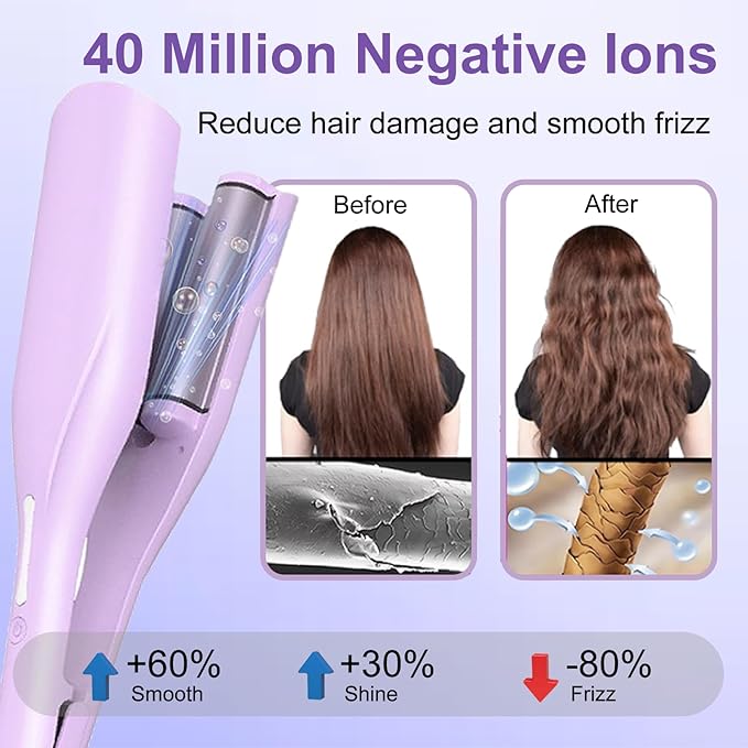 Crimper Hair Tool, Hair Crimper for Women, Beach Waves Curling Wand with Negative Ions, Adjustable Temp, Anti-Scald Design, Auto Shut-Off, Dual Voltage, 1.42 Inch (Purple)