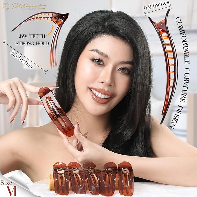 RC ROCHE 6 Pcs Flat Claw Hair Clips for Women Lay Down Barrettes No Crease Side Slide Thick Long Hair Duckbill French Against Head Jaw Claw Styling Clamp, Medium Brown
