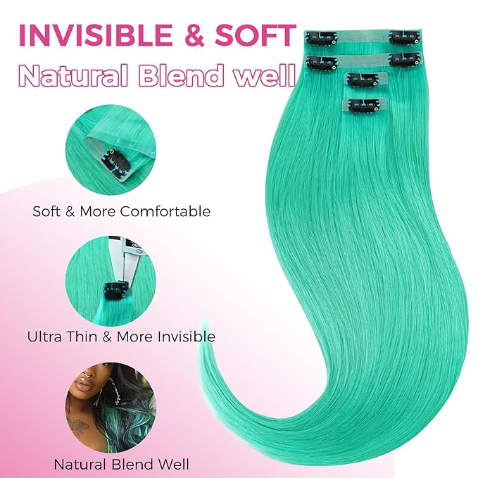 Lashey Seamless Clip in Hair Extensions Human Hair 4pcs 37g Green 14 Inch Straight Hair Extensions Clip ins with PU Soft Invisi Edge