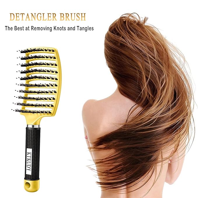 KTKUDY Detangling Brush Getting Knots Out without Pain - Boar Bristles HairBrush Make Hair Shiny & Healthier Vented Detangler Brush for Women Men Kids Wet and Dry Hair (Yellow & Green)
