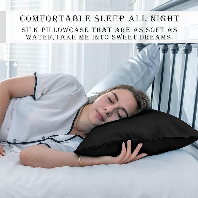 Natural Mulberry Silk Pillowcase with Hidden Zipper for Hair and Skin Standard Size 20"X 26" Soft Breathable Smooth Cooling Pillow Covers for Sleeping(Black,1Pcs)