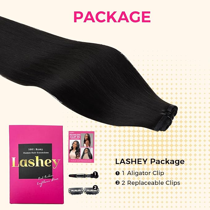 Lashey Seamless Clip in Hair Extensions Human Hair #1 Jet Black Light Yaki Straight Clip in Extensions Real Human Hair 7pcs 110g 14 Inch PU Weft Natural Hair Extensions for Women