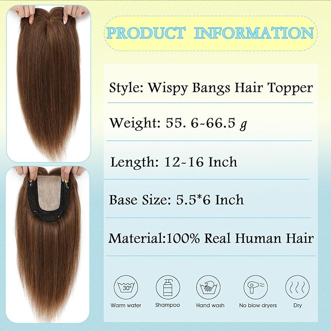 Hair Toppers for Women Real Human Hair, 360° 3D Toppers Pieces for Women with Thinning Crown Wispy Bangs 12 Inch Upgrade Big Basement (Light Brown, 12 Inch Wispy Bangs)