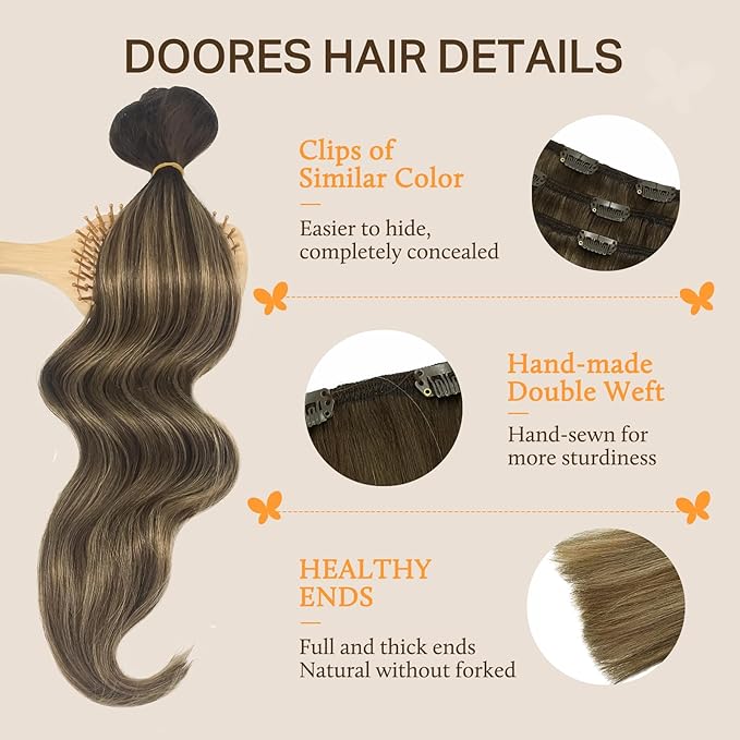DOORES Human Hair Extensions Clip in, Balayage Chocolate Brown to Caramel Blonde 150g 9pcs 14 Inch, Real Remy Natural Hair Extensions