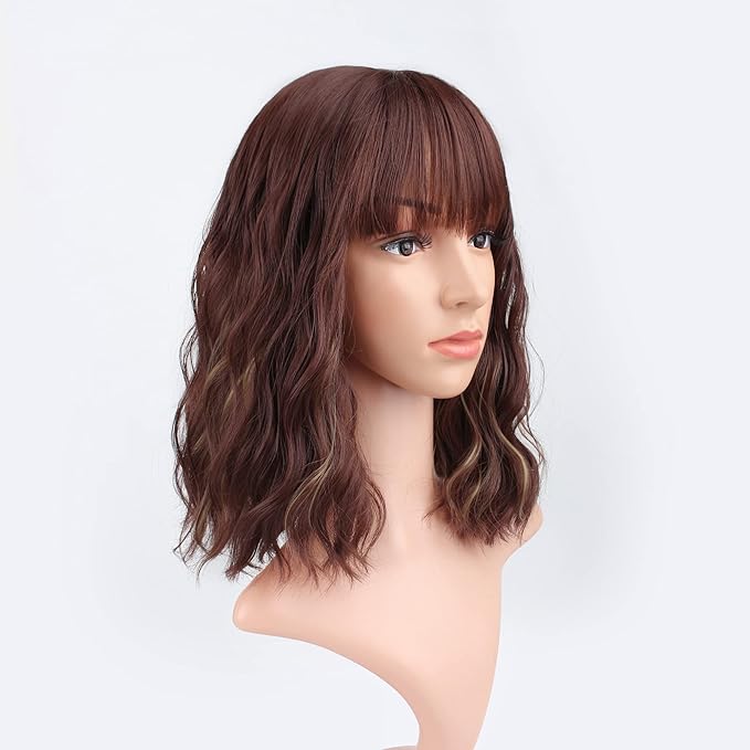 FAELBATY Short Brown Wig Highlight Gold Wigs With Bangs Women's Reddish Brown Mixed Blonde Bob Wig Curly Wavy Synthetic Cosplay Wig Shoulder Length Wig for Girl's Costume Wigs (12" 33/27)