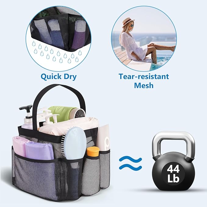Mesh Shower Caddy – Portable Bathroom Organizer with 8 Pockets, Quick-Dry Hanging Shower Tote for College Dorm, Gym, Travel, and Shared Bathrooms – Black