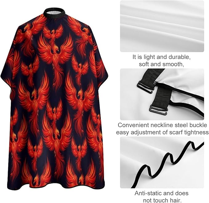 Women Red Fire Flame Bird Black Hair Salon Cutting Cape, Large Long Hairdressing Apron for Home Stylists, Haircut Tools