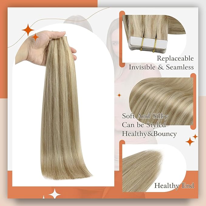 Full Shine Hair Extensions Tape in Color 16P22 Highlighted Blonde Tape in Hair Extensions Human Hair Bridal Hairstyles 20Inch 100G 40Pcs Straight Silky Seamless Skin Weft