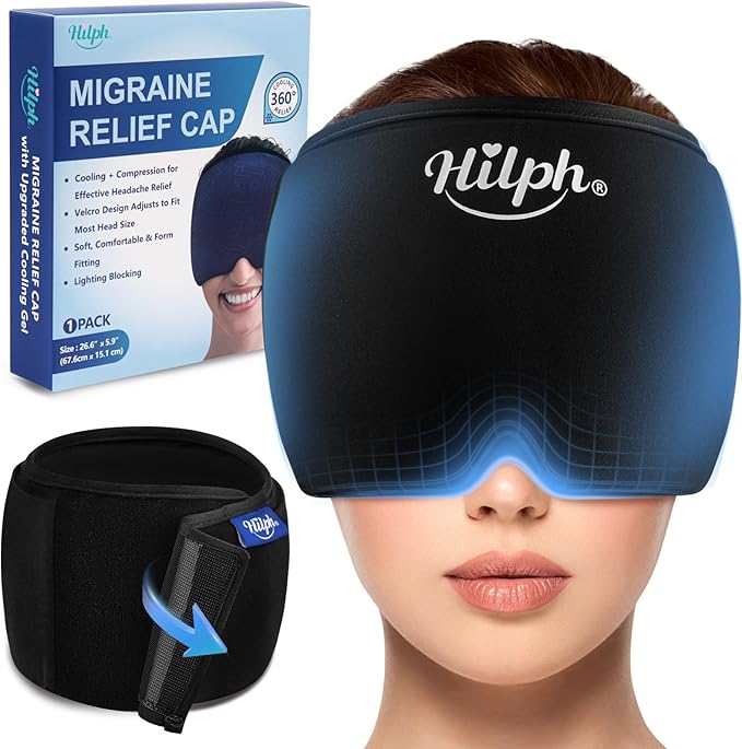 Hilph Adjustable Migraine Relief Cap with Thickened Gel Cold Compress, Headache Relief Cap, Face Cooling Mask Gel Head Wrap for Tension, Stress & Hangover, Soothing Gifts for Women Men Black