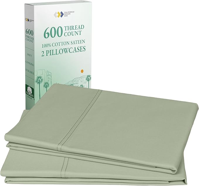 California Design Den Premium Standard Pillow Cases Set of 2-600 Thread Count Sateen, Natural 100% Cotton Pillowcases Queen/Standard, Crisp, Durable Bedding - Laurel Green