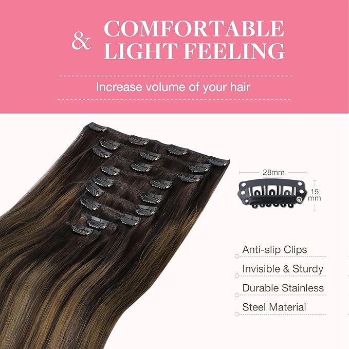 GOO GOO Clip in Hair Extensions Real Human Hair, Remy Human Hair Extensions Clip ins for Women, Natural Human Hair, 20inch 150g 9Pcs, 2/6/2 Balayage Dark Brown to Chestnut Brown