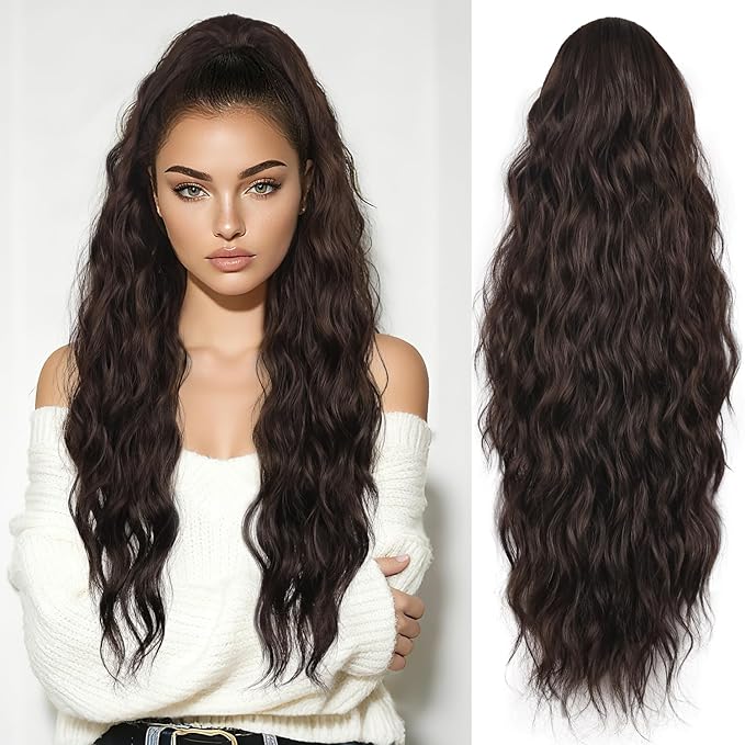 LEEONS 26 inch Drawstring ponytail Extension, Long Wavy pony tails hair extensions for Women - Synthetic Hairpiece Ponytail for Daily Use (Black Brown)
