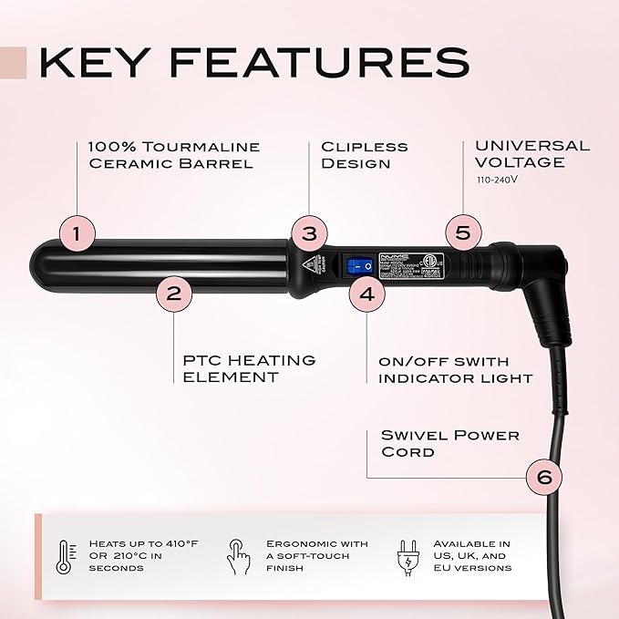 NuMe Classic Ceramic Curling Wand - Tourmaline 1.25 Inch Barrel Hair Curler, Negative Ion Conditioning, Far Infrared Heat - All Hair Types - Black