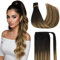 Ve Sunny Hair Extensions Ponytail Real Human Hair 80G Wrap Around Clip in Ponytail Hair Extensions Straight Extensions Human Hair for Women Black Ombre Dark Brown Balayage Caramel Blonde 14inch