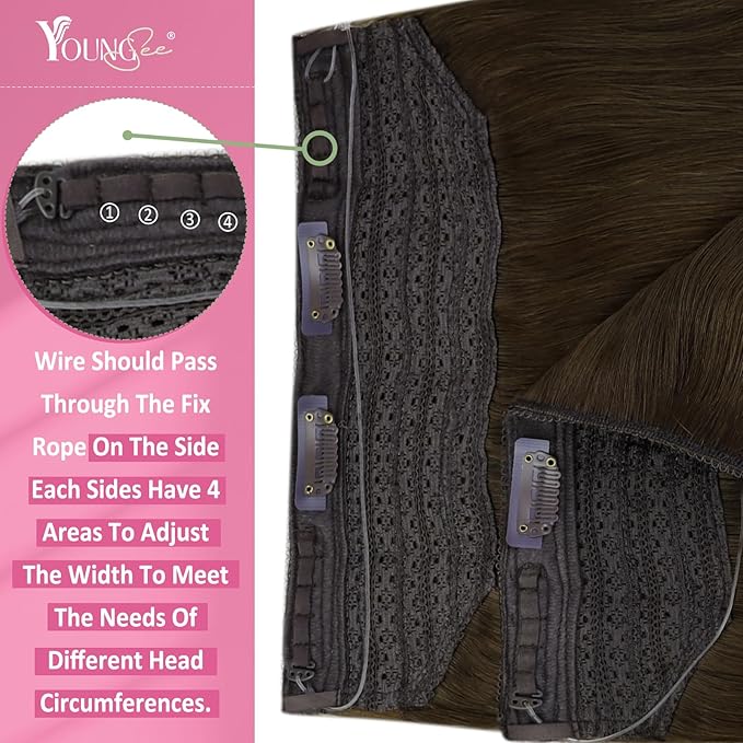 YoungSee Invisible Wire Hair Extensions Real Human Hair Brown Wire Hair Extensions Brown Fish Line Hair Extension Human Hair Add Length and Volume 20 Inch 100g