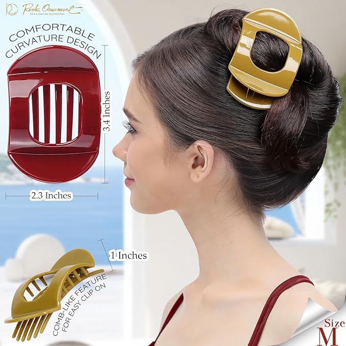 RC ROCHE 6 Pcs Flat Claw Hair Clips for Women Thick Hair French Round Duckbill Square Secure Strong Hold Grip Clamps Barrettes Curved No Slip No Crease Plastic Styling Cute, Medium Classic