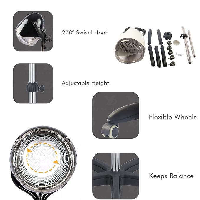 Black,B,Wall Mounted Hair Dryer,Fast Hair Drying Low Noise,Timer 0-60 Min,Steamer Hat Deep Conditioning Heat Steaming Salon Equipment Hooded Machine Used in Hair Processor