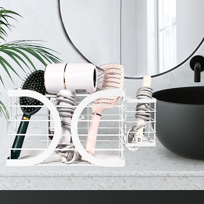 Elegant White Wall Mounted Hair Dryer Holder - Stylish Bathroom Organiser for Hair Dryer & Straightener, Hair Brush & Accessories