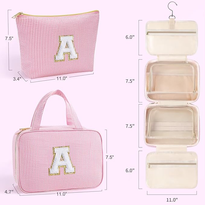 YOOLIFE Christmas Gifts for Women Stocking Stuffers, Initial Hanging Toiletry Bag for Women, Travel Toiletry Bag, Birthday Gifts for Mom Daughter Sister Friends, Letter M, Pink