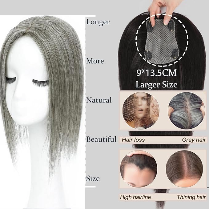 Hair Toppers for Women Real Human Hair, 360° 3D Human with Thinning Upgrade Middle Part Clip in Bangs Topper Hair Pieces for Women Daily (Gray, 14 Inch-3D-Side)