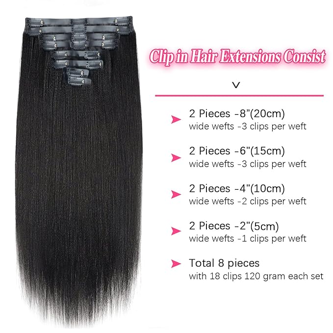 Seamless PU Yaki Straight Clip in Hair Extensions Real Human Hair For Women Invisible Yaki Straight Clip ins (22inch,#1B)