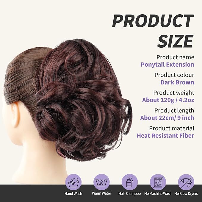 Brown Ponytail Extension,9" Short Curly Wavy Claw Clip Pony tails Hair Extensions Natural Soft Synthetic Hairpiece for Women