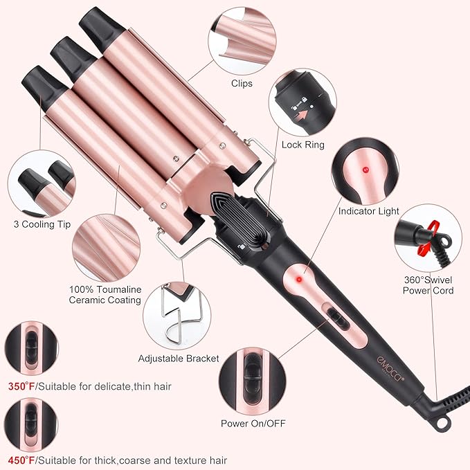 Wand Curling Iron Hair Crimper, Emocci Pro Large 3 Barrel (0.35"-1.25" Ceramic Barrel) Hair Crimper for Women Beach Waves Instant Heat Hair Waver Set for Long Hair Curlers 5-in-1 Curling Wand Set