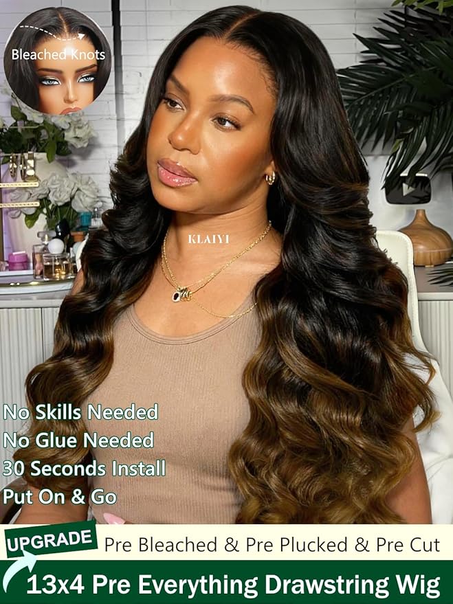 KLAIYI Ombre Brown Loose Body Wave 13x4Pre Everything Lace Frontal Chestnut Brown Drawstring Wig with Face Framing Layers Precut Lace Pre Plucked Bleached Bye Bye Knots Ready to Wear and Go Wig 20Inch