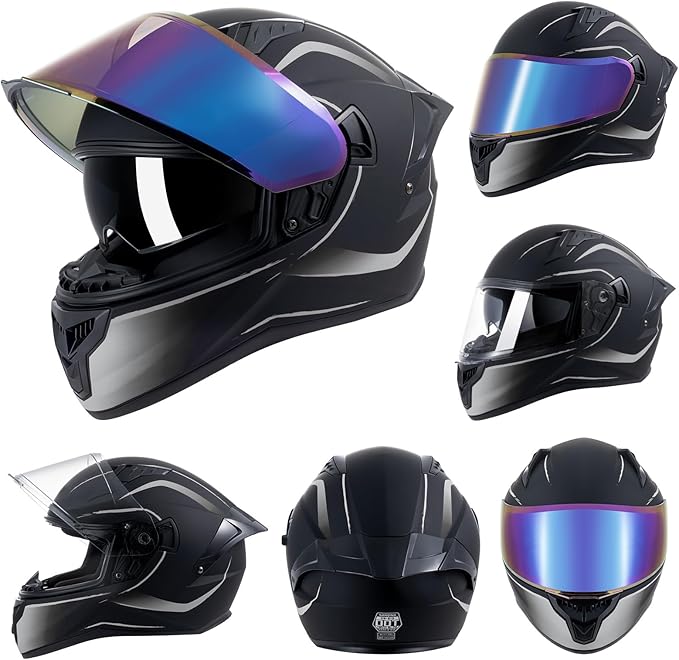 Full Face Motorcycle Helmets for Adult Men Women, DOT Approved Street Bike Racing Helmet Dual Visor Quick Release Buckle, Motorbike ADV Moped Helmet with Extra Clear Visor