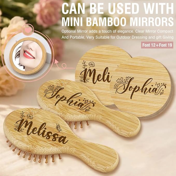 Portable Wooden Hair Brush with Custom Name Engraving, 2 Piece Mini Brushes Gifts for Girls, Daughter, 20 Personalized Design Options, Mirror Option Available