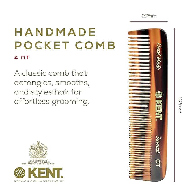 Kent OT Tortoiseshell Pocket Comb - Handmade Fine and Wide Tooth Hair Comb for Men, Women, and Kids - Travel, Beard, and Mustache Comb - Saw Cut and Hand Polished Made in England
