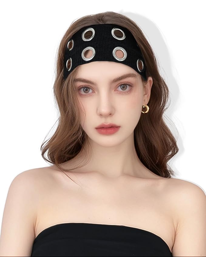 Grommet Headband for Women, Wide Black 20cm Hollow Out Elastic Hair Band, Eyelets Punk Grunge Stylish Hairband