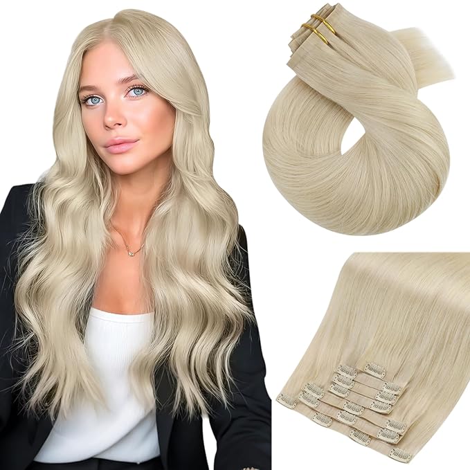 Moresoo Seamless Clip in Hair Extensions Human Hair Blonde PU Seamless Invisible Clip in Human Hair Extensions Golden Platinum Blonde #60 7pcs/120g 22inch