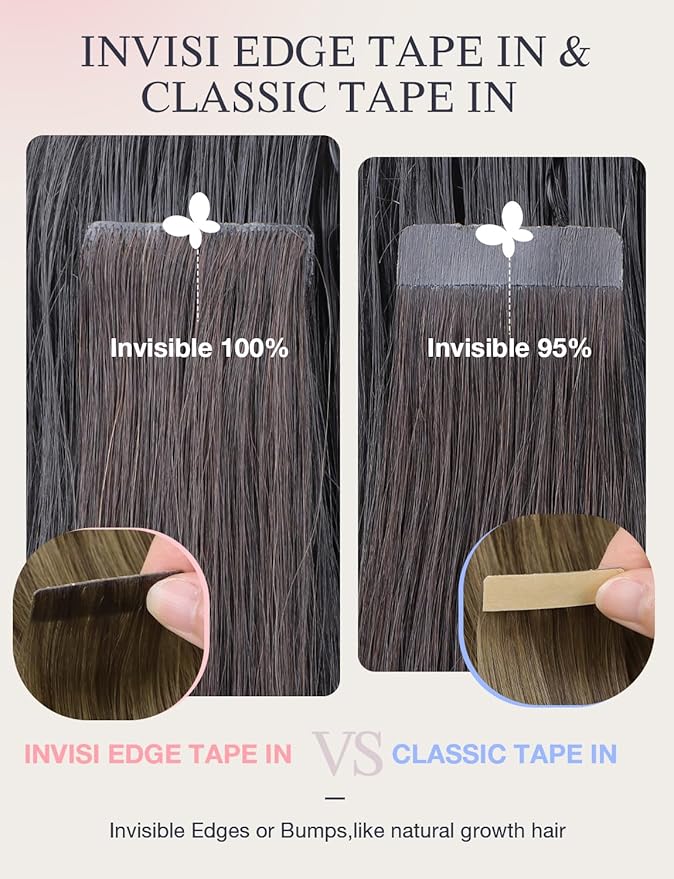 DOORES Invisi Edge Hair Extensions Tape in, Walnut Brown to Ash Brown and Bleach Blonde 10 Injection Tape-ins with 10 Classic Tape-ins 50g 18 Inch, Injected Tape in Extensions Straight