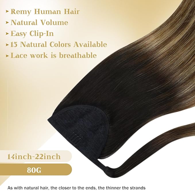 Ve Sunny Hair Extensions Ponytail Real Human Hair 80G Wrap Around Clip in Ponytail Hair Extensions Straight Extensions Human Hair for Women Black Ombre Dark Brown Balayage Caramel Blonde 14inch