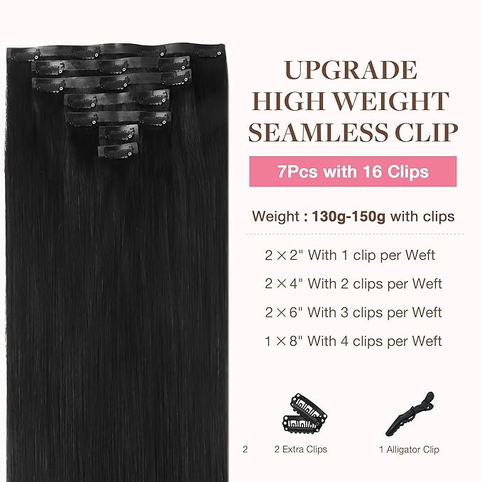 GOO GOO Clip in Hair Extensions Real Human Hair, Remy Human Hair Extensions Clip ins for Women, Natural Human Hair, 16inch 130g 7Pcs, 1B Natural black