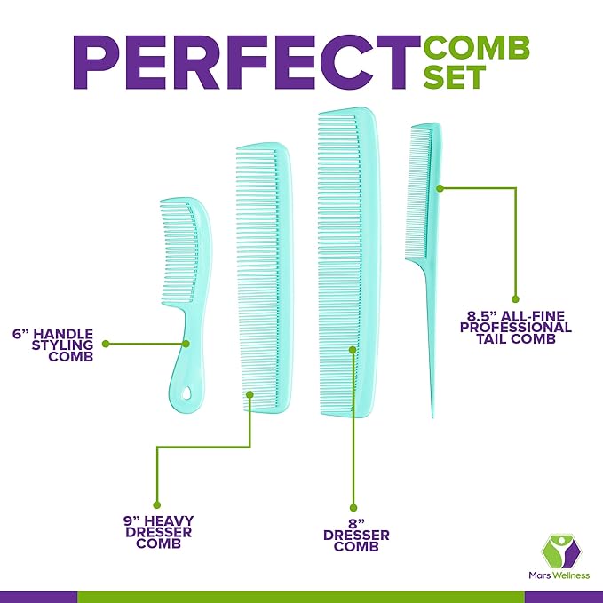 Mars Wellness 4 Piece Professional Comb Set Green - USA MADE - Fine Pro Tail, Dresser Hair Comb Styling Comb - Premium Grade for Men and Women - Parting Teasing and Styling