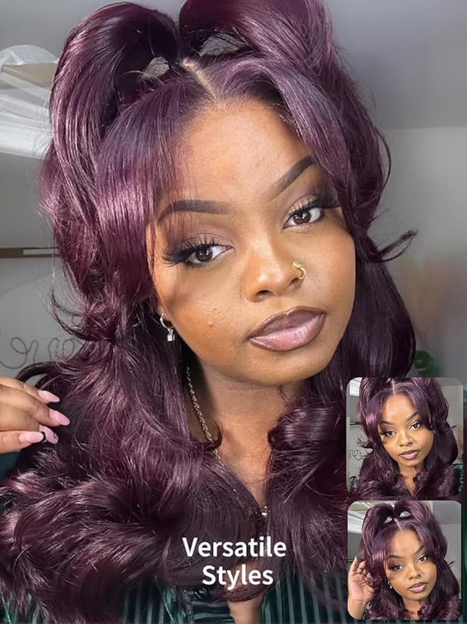 KLAIYI Black Cherry Loose Body Wave Bye Bye Knots Glueless Wig 7x5Precut Lace Front Wigs Human Hair Drawstring Pre Plucked Bleached 30S Ready to Wear and Go Wig with Face Framing Bangs Burgundy 14Inch