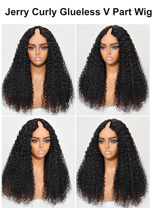 YIROO EasiContour V Part Wigs Human Hair Jerry Curly Glueless Human Hair Wigs Upgraded U Part Curly Wigs No Leave Out No Gel V Shape Clip in Half Wig Beginner Friendly Ready to Go Wig 18 inch
