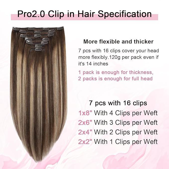 Pro2.0 Clip in Hair Extensions Real Human Hair 20inch 7pcs Color #4/27/4 Chocolate Brown to Caramel Blonde Remy Real Human Hair Extensions Clip ins 120g Thick Double Weft（#4/27/4-20inch）
