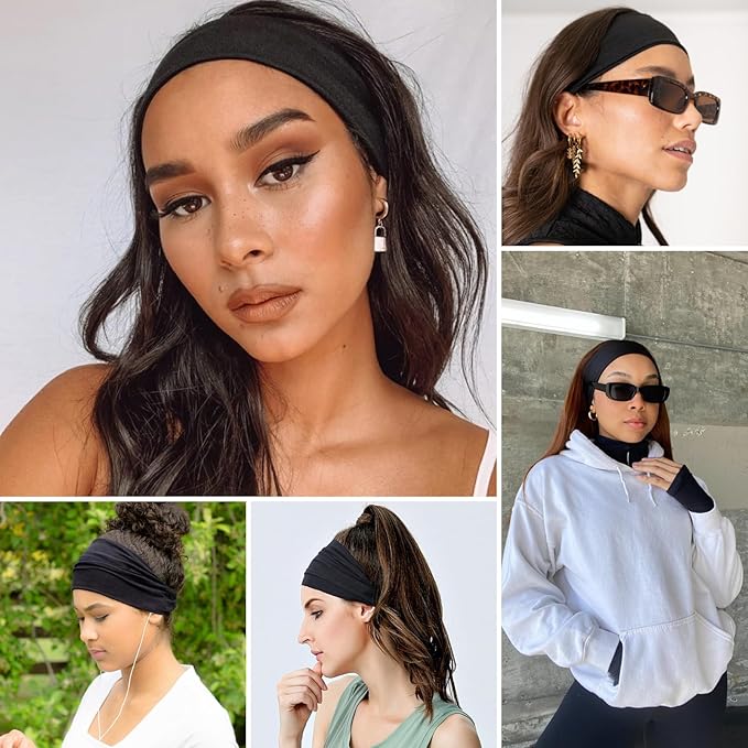 Headbands for Women 3 Pcs Black Wide Cotton Non-slip Stretchy Elastic Head Wrap Holder Hair Accessories