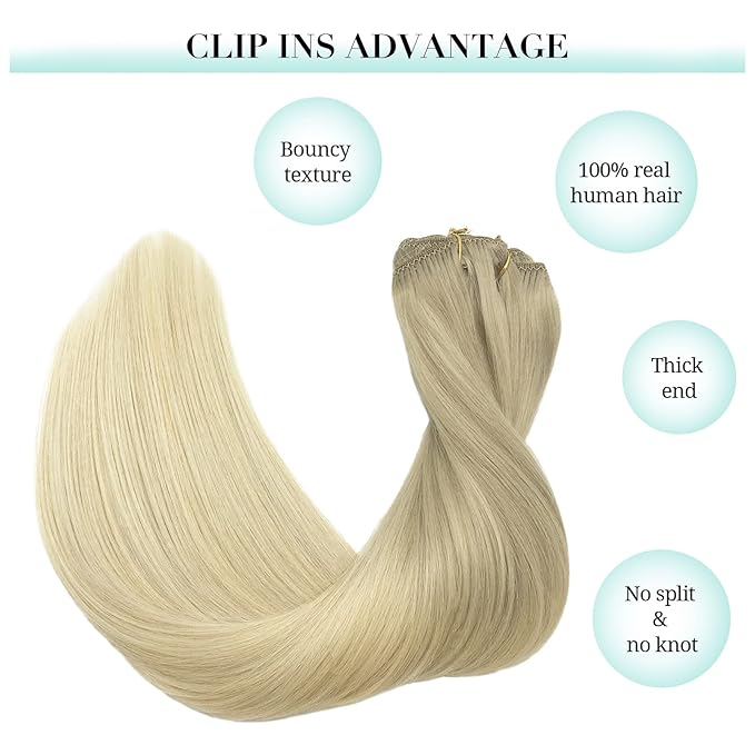 DOORES Hair Extensions Clip in Human Hair, 3pcs 60g 14 Inch Balayage Ash Blonde to Golden Blonde and Platinum Blonde Remy Clip in Human Hair Extensions Natural Straight Hair Extensions