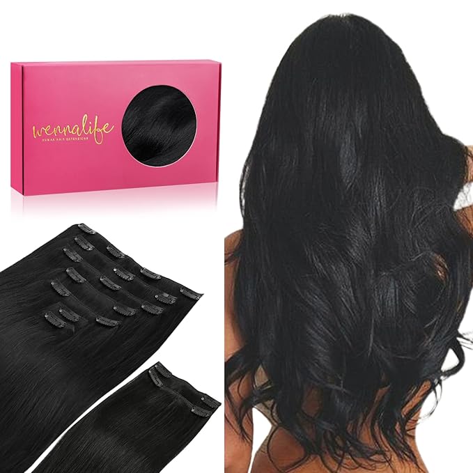 WENNALIFE Clip in Hair Extensions Real Human Hair, 20 Inch 150g 9pcs Jet Black Remy Hair Thicker Double Weft Extensiones De Cabello Humano Con Clip Ins Straight Full Volume